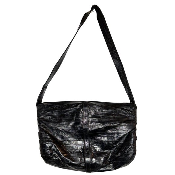 Vintage 1980s Leather of the Sea Black Eel Skin Crossbody Bag - Textured - Picture 1 of 4